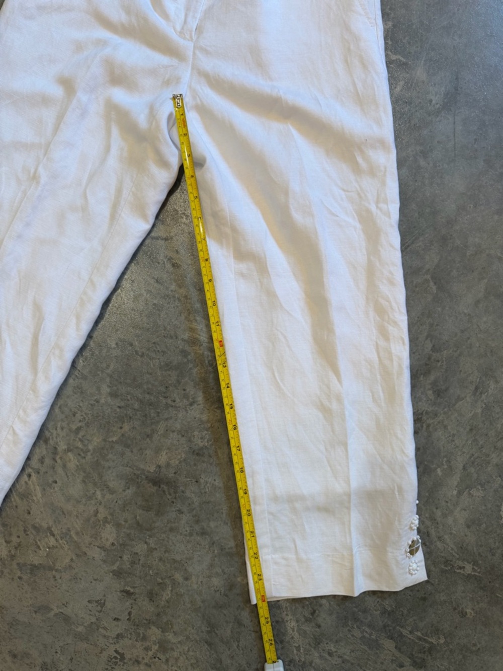 White Linen Straight-Leg Embellished Hem Pants - Picture 6 of 7